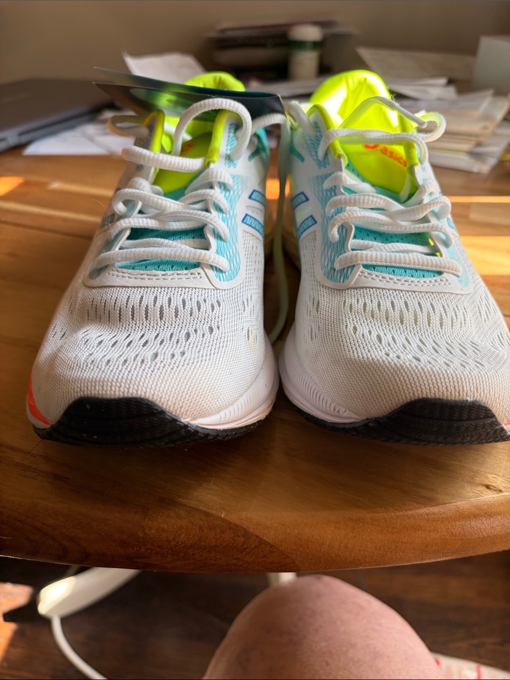 ASICS Women’s White Sneakers with Teal Accents and Neon Yellow Interior